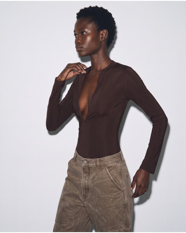 Slim-Fit Κορμάκι με Φερμουάρ και Ραφές Κορσέ - mocha