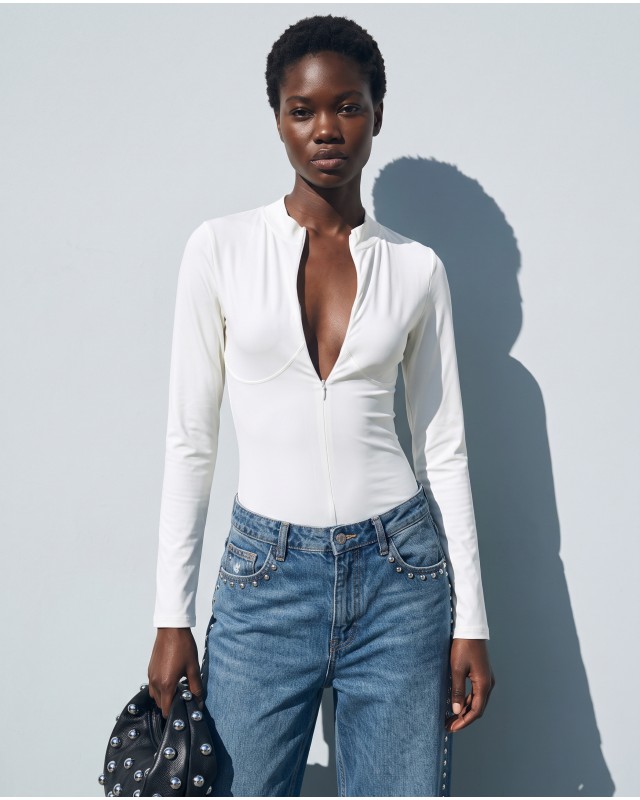 Slim-Fit Κορμάκι με Φερμουάρ και Ραφές Κορσέ - off white