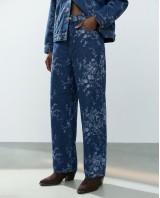 Floral Denim Σετ Oversized Πουκάμισο & Παντελόνα - Σκούρο Μπλε