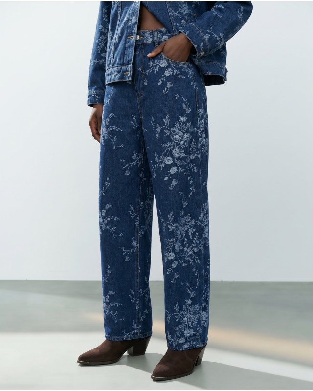 Floral Denim Σετ Oversized Πουκάμισο & Παντελόνα - Σκούρο Μπλε