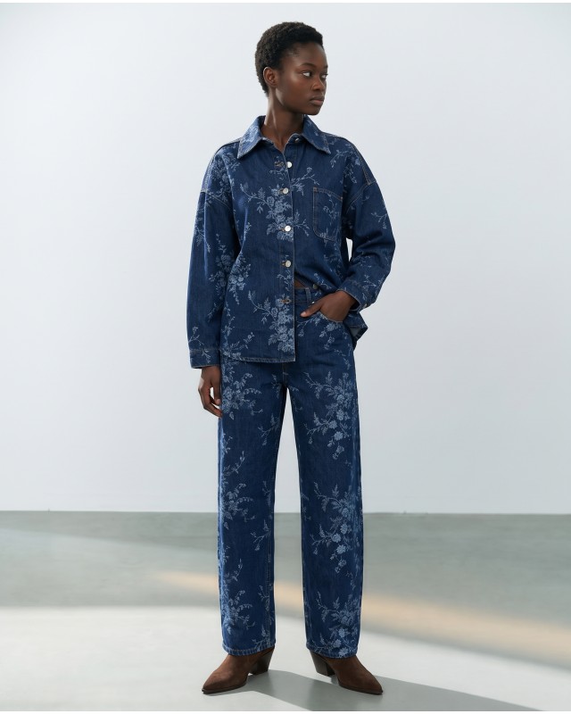 Floral Denim Σετ Oversized Πουκάμισο & Παντελόνα - Σκούρο Μπλε