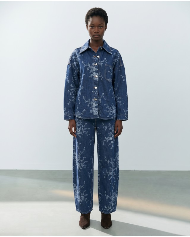 Floral Denim Σετ Oversized Πουκάμισο & Παντελόνα - Σκούρο Μπλε
