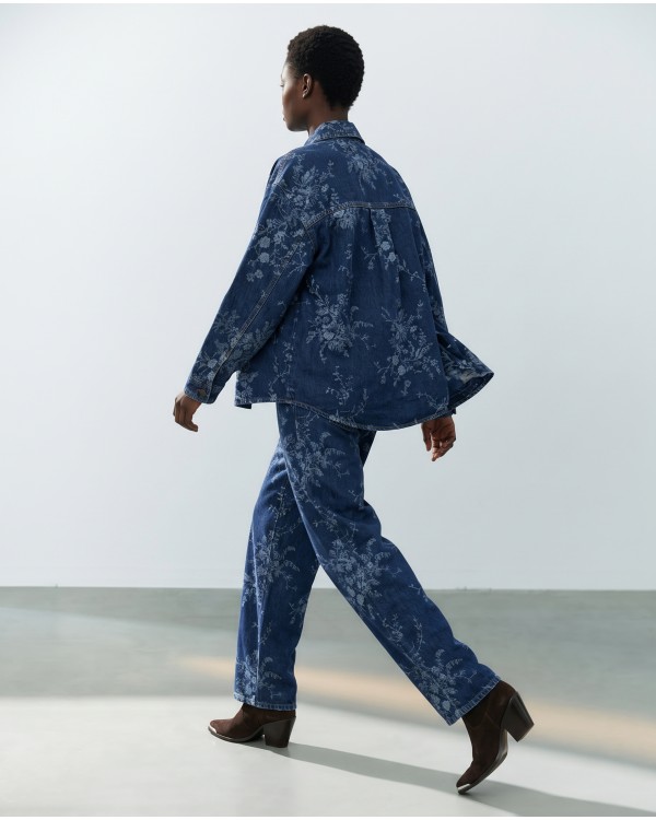 Floral Denim Σετ Oversized Πουκάμισο & Παντελόνα - Σκούρο Μπλε
