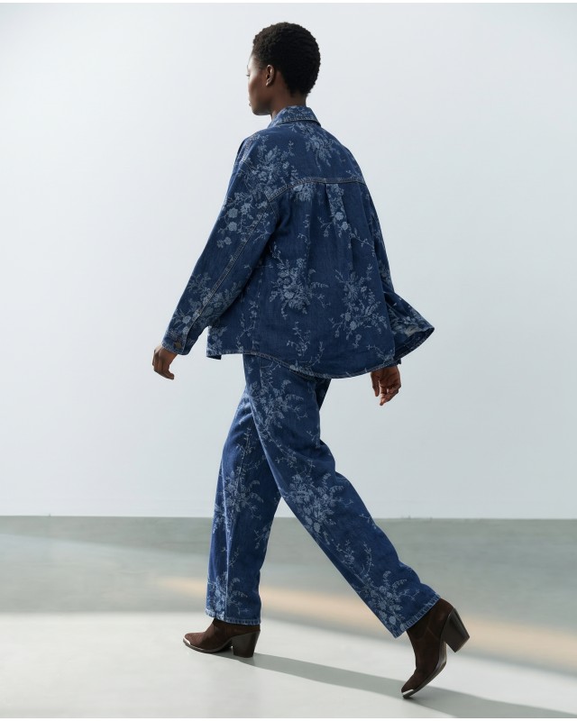 Floral Denim Σετ Oversized Πουκάμισο & Παντελόνα - Σκούρο Μπλε