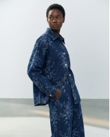 Floral Denim Σετ Oversized Πουκάμισο & Παντελόνα - Σκούρο Μπλε