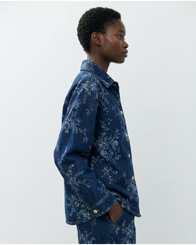 Floral Denim Σετ Oversized Πουκάμισο & Παντελόνα - Σκούρο Μπλε