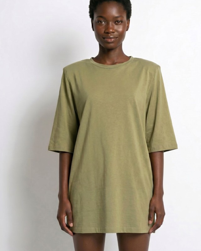 Μπλούζα βαμβακερή oversized με τρουακάρ μανίκι και βάτες λαδί