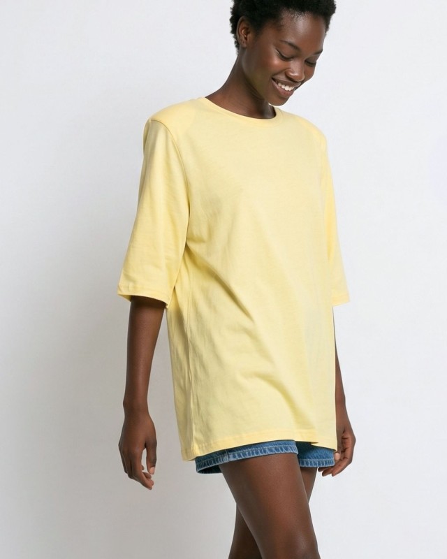 Μπλούζα βαμβακερή oversized με τρουακάρ μανίκι και βάτες κίτρινο