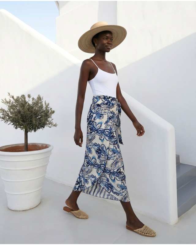  Φούστα Παρεό με δέσιμο στο πλάι με print blue/camel