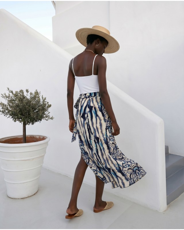  Φούστα Παρεό με δέσιμο στο πλάι με print blue/camel