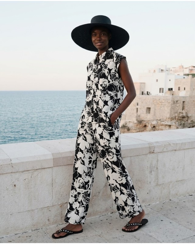 Σετ αμάνικο πουκάμισο και παντελόνα flower print μαύρο