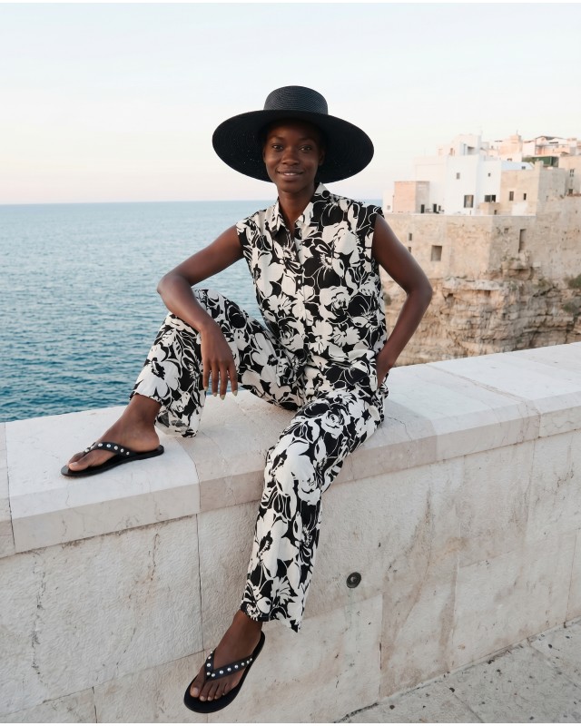 Σετ αμάνικο πουκάμισο και παντελόνα flower print μαύρο
