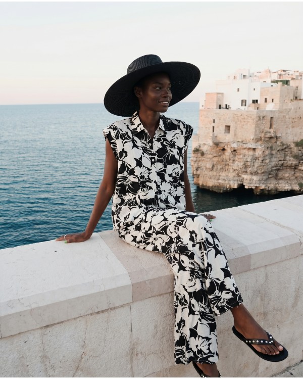 Σετ αμάνικο πουκάμισο και παντελόνα flower print μαύρο