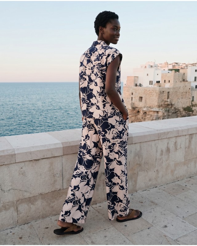 Σετ αμάνικο πουκάμισο και παντελόνα flower print navy