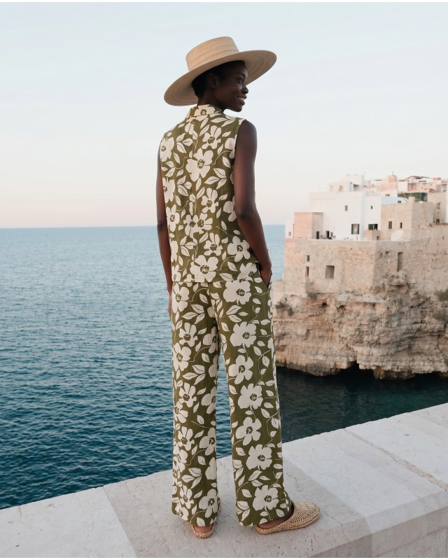 Σετ αμάνικο πουκάμισο και παντελόνα flower print λαδί