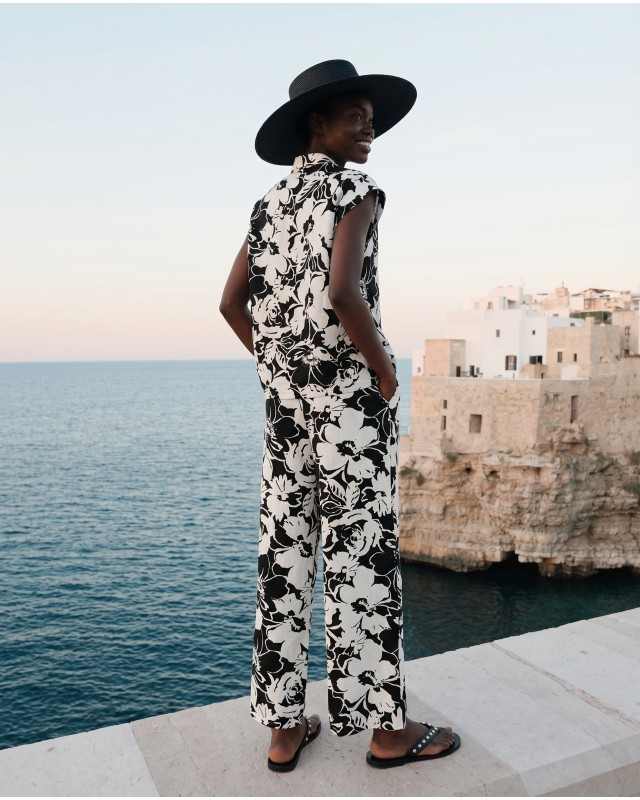 Σετ αμάνικο πουκάμισο και παντελόνα flower print μαύρο
