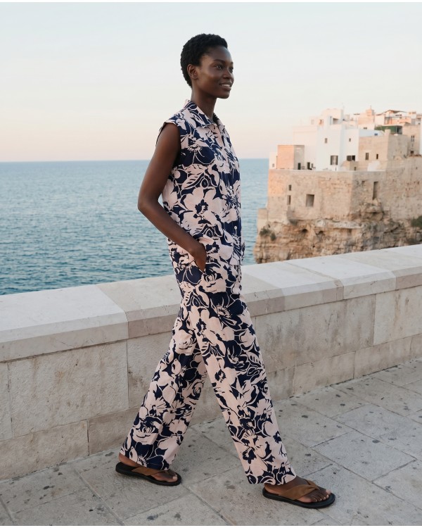 Σετ αμάνικο πουκάμισο και παντελόνα flower print μαύρο