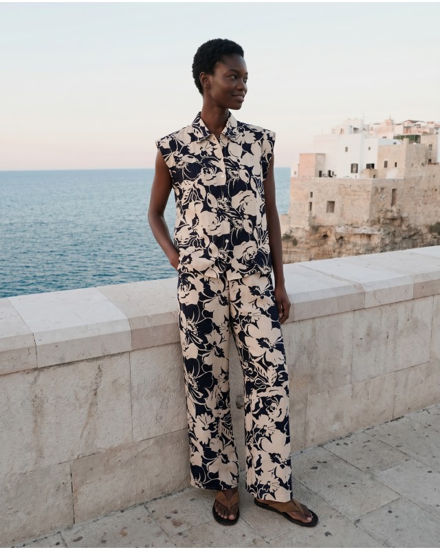 Σετ αμάνικο πουκάμισο και παντελόνα flower print navy