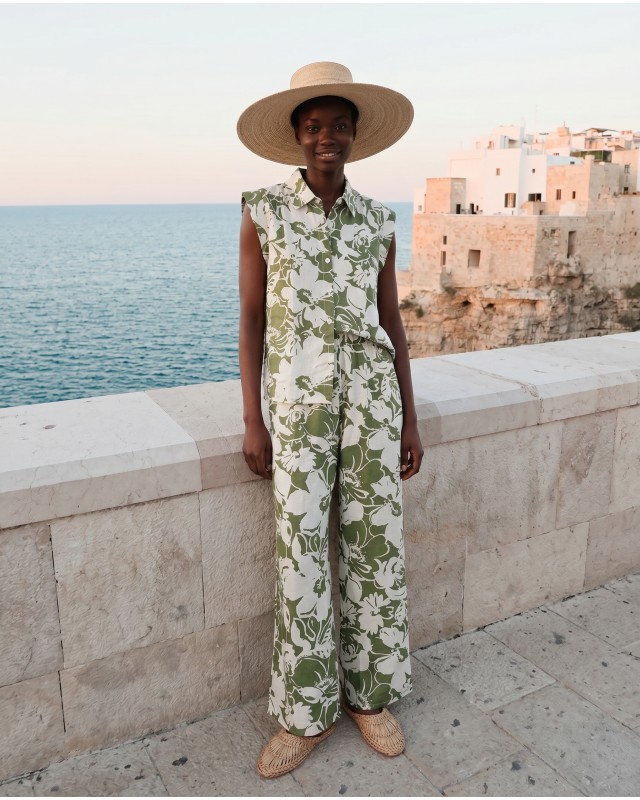 Σετ αμάνικο πουκάμισο και παντελόνα flower print λαδί