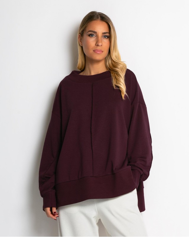 Μπλούζα Φούτερ αχνούδιαστο με εξωτερικές ραφές και άνοιγμα στο πλάι δαμασκηνί