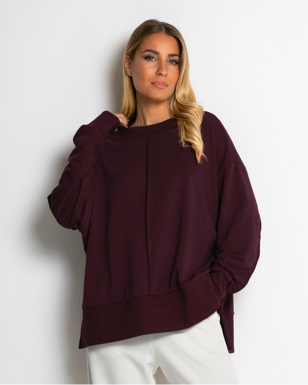 Μπλούζα Φούτερ αχνούδιαστο με εξωτερικές ραφές και άνοιγμα στο πλάι δαμασκηνί