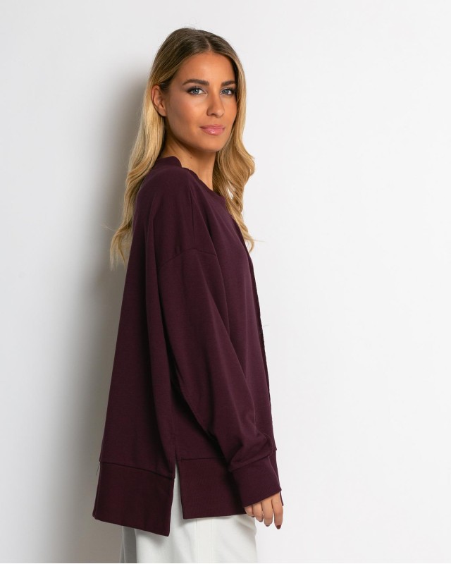 Μπλούζα Φούτερ αχνούδιαστο με εξωτερικές ραφές και άνοιγμα στο πλάι δαμασκηνί