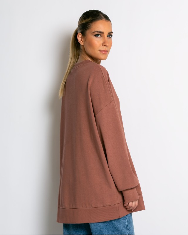 Μπλούζα Φούτερ αχνούδιαστο oversized με ριπ λεπτομέρειες σάπιο μήλο