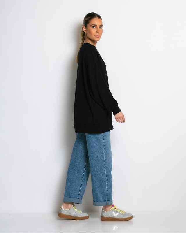 Μπλούζα Φούτερ αχνούδιαστο oversized με ριπ λεπτομέρειες μαύρο