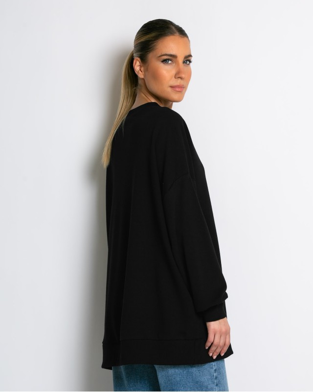 Μπλούζα Φούτερ αχνούδιαστο oversized με ριπ λεπτομέρειες μαύρο