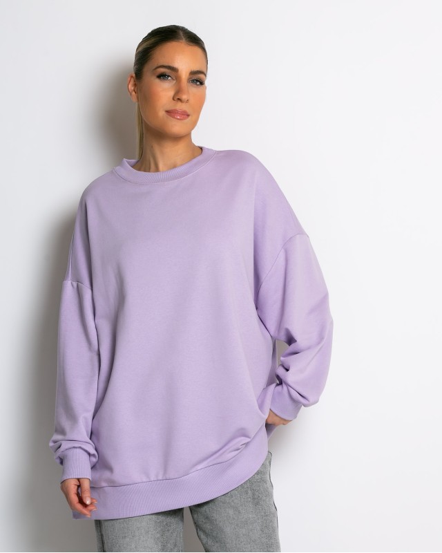 Μπλούζα Φούτερ αχνούδιαστο oversized με ριπ λεπτομέρειες λεβάντα