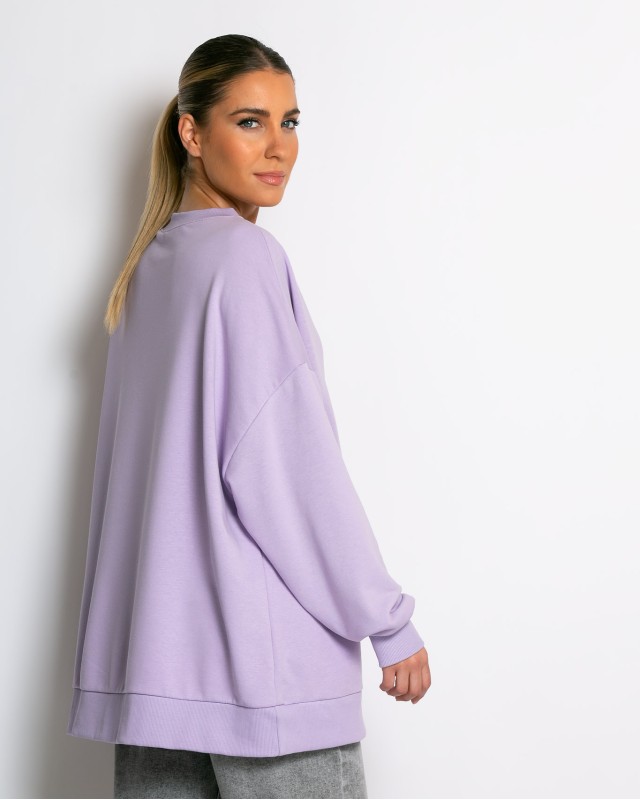 Μπλούζα Φούτερ αχνούδιαστο oversized με ριπ λεπτομέρειες λεβάντα