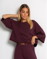 Σετ φούτερ αχνούδιαστο κοντομάνικο & παντελόνι ψηλόμεσο δαμασκηνί