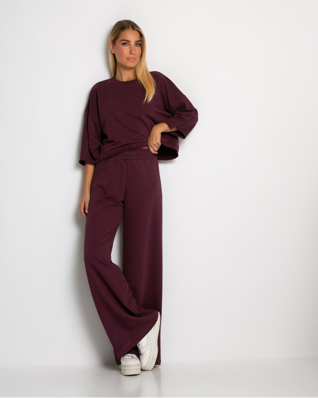 Σετ φούτερ αχνούδιαστο κοντομάνικο & παντελόνι ψηλόμεσο δαμασκηνί