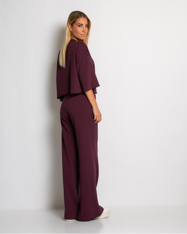 Σετ φούτερ αχνούδιαστο κοντομάνικο & παντελόνι ψηλόμεσο δαμασκηνί