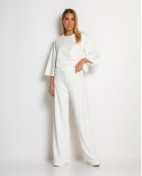 Σετ φούτερ αχνούδιαστο κοντομάνικο & παντελόνι ψηλόμεσο εκρού