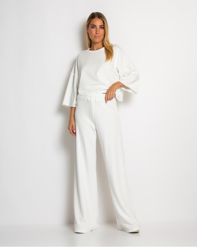 Σετ φούτερ αχνούδιαστο κοντομάνικο & παντελόνι ψηλόμεσο εκρού