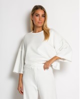 Σετ φούτερ αχνούδιαστο κοντομάνικο & παντελόνι ψηλόμεσο εκρού