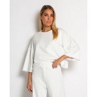 Σετ φούτερ αχνούδιαστο κοντομάνικο & παντελόνι ψηλόμεσο εκρού