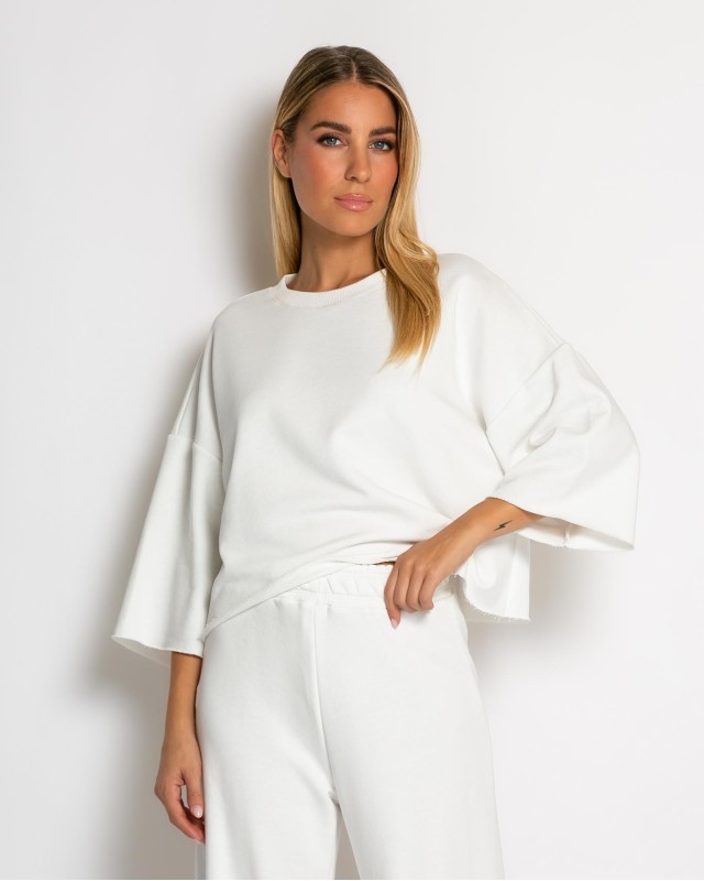 Σετ φούτερ αχνούδιαστο κοντομάνικο & παντελόνι ψηλόμεσο εκρού