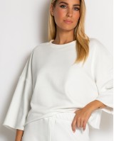 Σετ φούτερ αχνούδιαστο κοντομάνικο & παντελόνι ψηλόμεσο εκρού