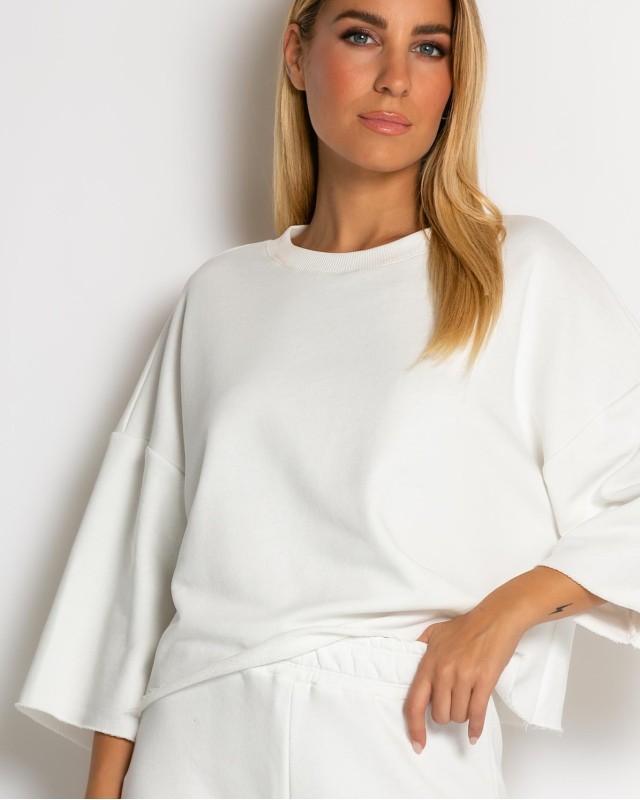 Σετ φούτερ αχνούδιαστο κοντομάνικο & παντελόνι ψηλόμεσο εκρού