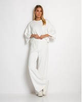 Σετ φούτερ αχνούδιαστο κοντομάνικο & παντελόνι ψηλόμεσο εκρού