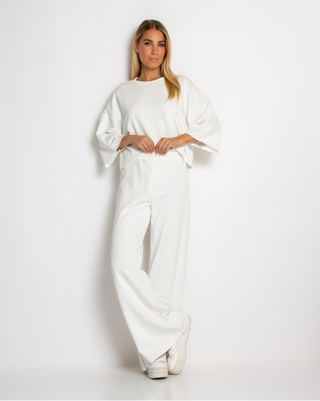 Σετ φούτερ αχνούδιαστο κοντομάνικο & παντελόνι ψηλόμεσο εκρού