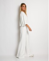 Σετ φούτερ αχνούδιαστο κοντομάνικο & παντελόνι ψηλόμεσο εκρού