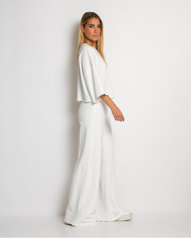 Σετ φούτερ αχνούδιαστο κοντομάνικο & παντελόνι ψηλόμεσο εκρού