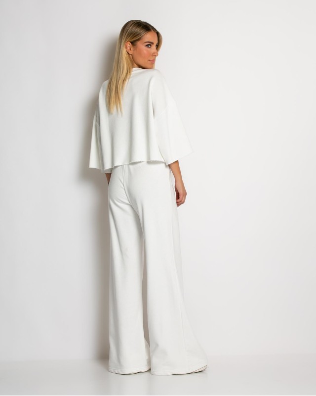 Σετ φούτερ αχνούδιαστο κοντομάνικο & παντελόνι ψηλόμεσο εκρού