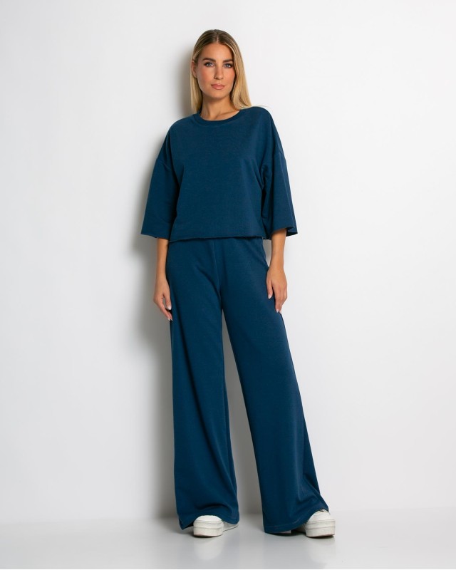 Σετ φούτερ αχνούδιαστο κοντομάνικο & παντελόνι ψηλόμεσο ραφ