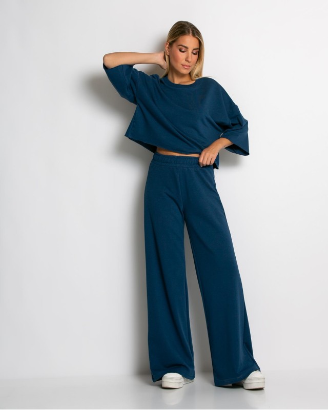 Σετ φούτερ αχνούδιαστο κοντομάνικο & παντελόνι ψηλόμεσο ραφ