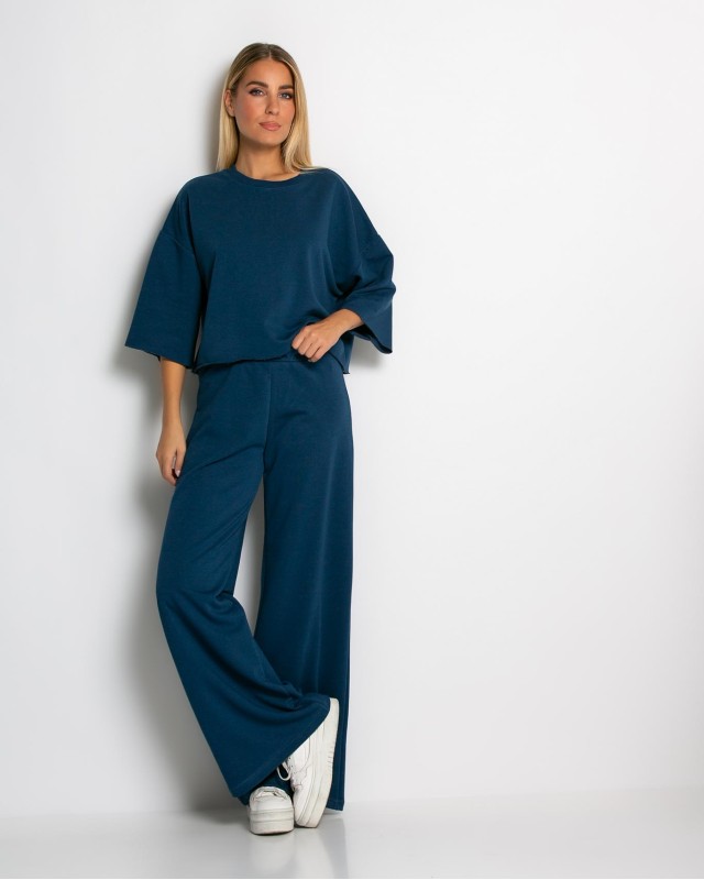 Σετ φούτερ αχνούδιαστο κοντομάνικο & παντελόνι ψηλόμεσο ραφ