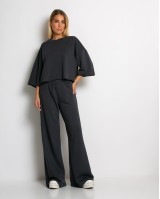 Σετ φούτερ αχνούδιαστο κοντομάνικο & παντελόνι ψηλόμεσο ανθρακί